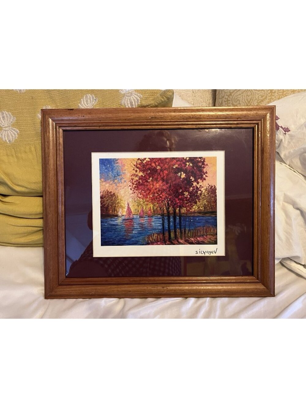 VTG Framed Lithograph Print Signed Moody Art River Sunset Landscape Wood Frame